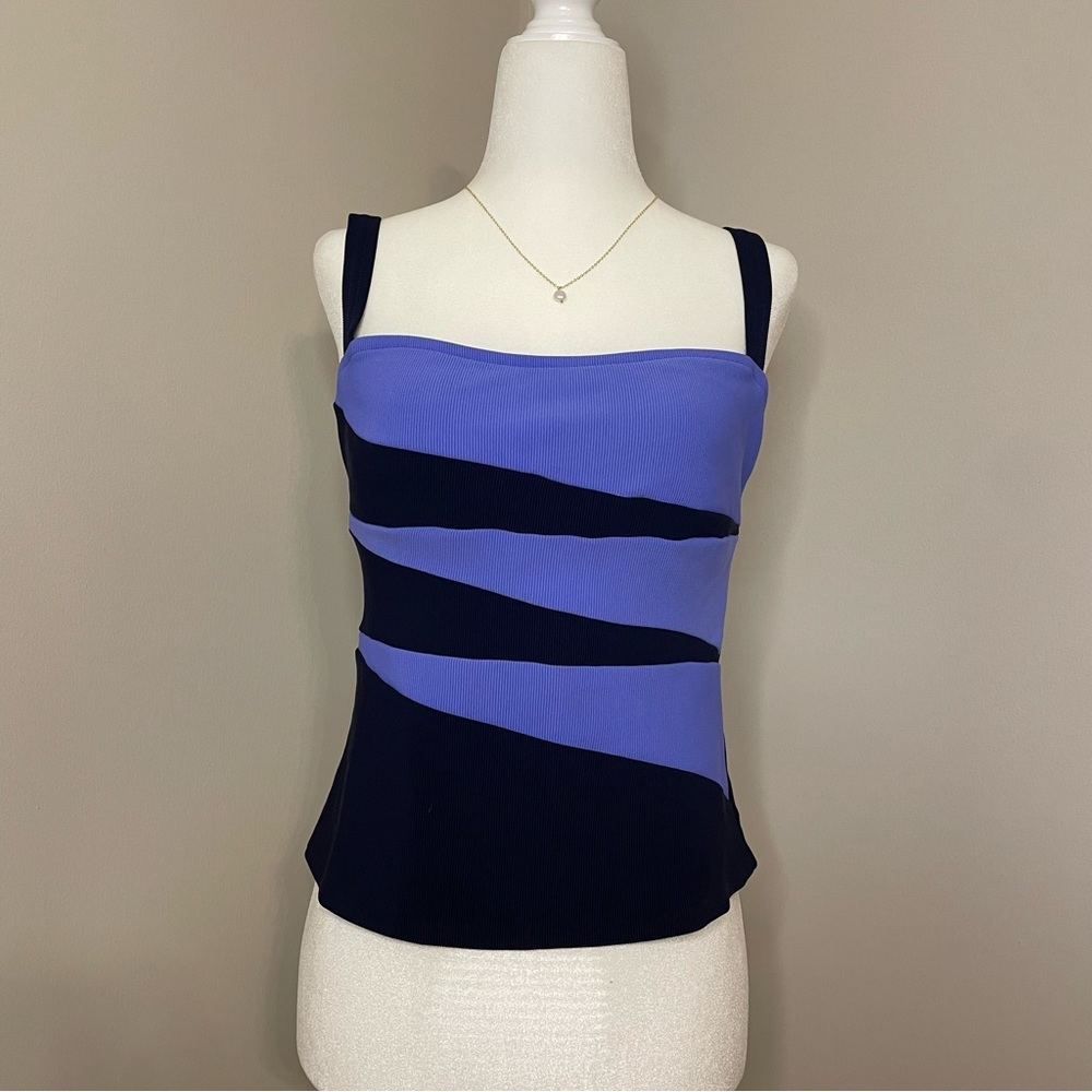 VTG Made In USA Blue Purple Striped Square Neck Tankini Bikini Top Size Medium